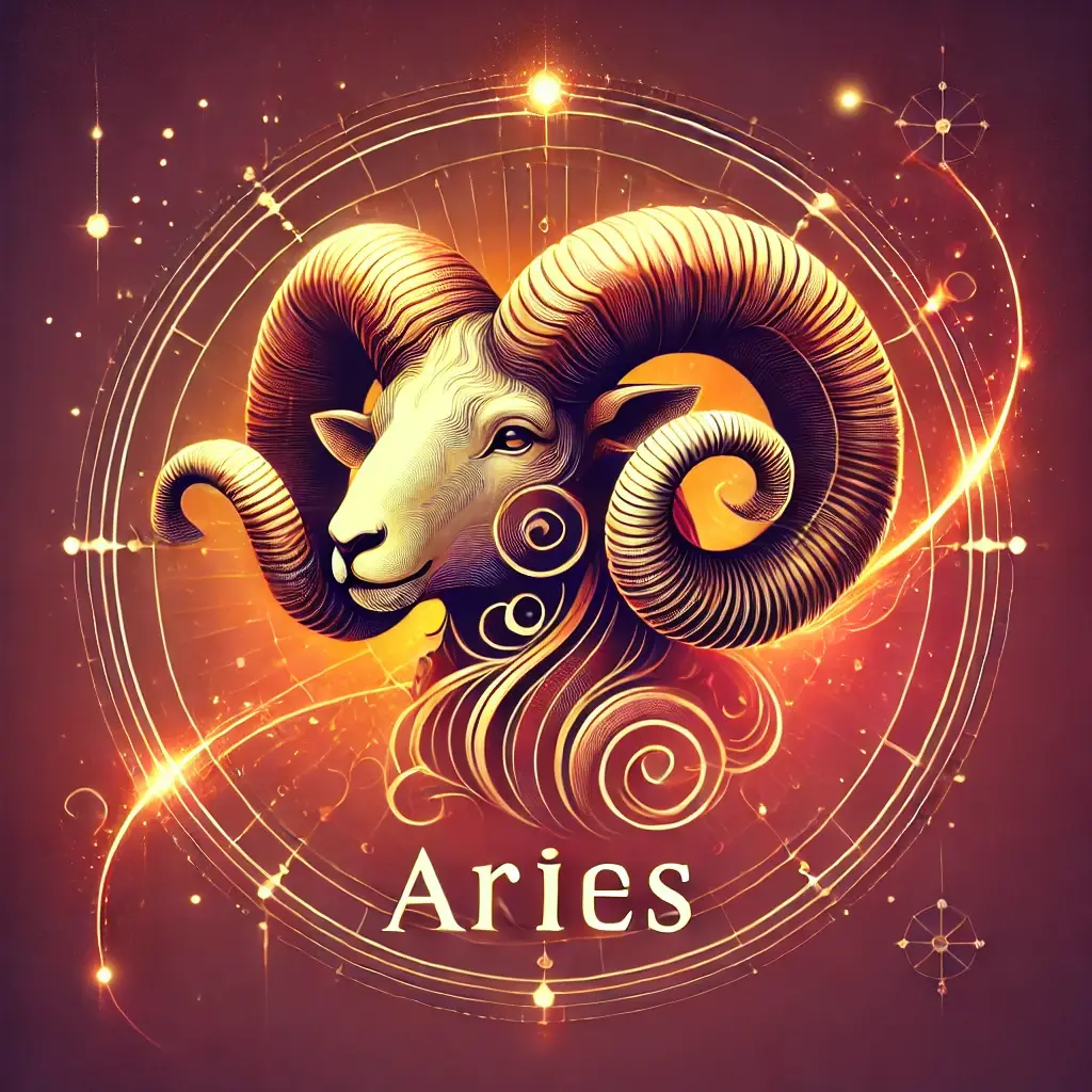 A fiery Aries zodiac symbol featuring a glowing golden ram, surrounded by a celestial background with stars and a red-orange gradient.